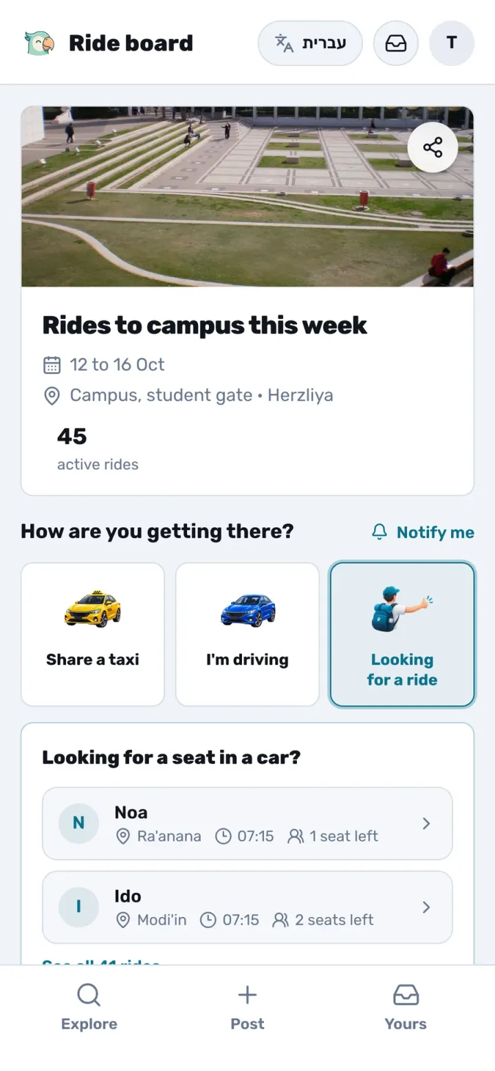 Rides to campus this week: 46 active rides (demo)
