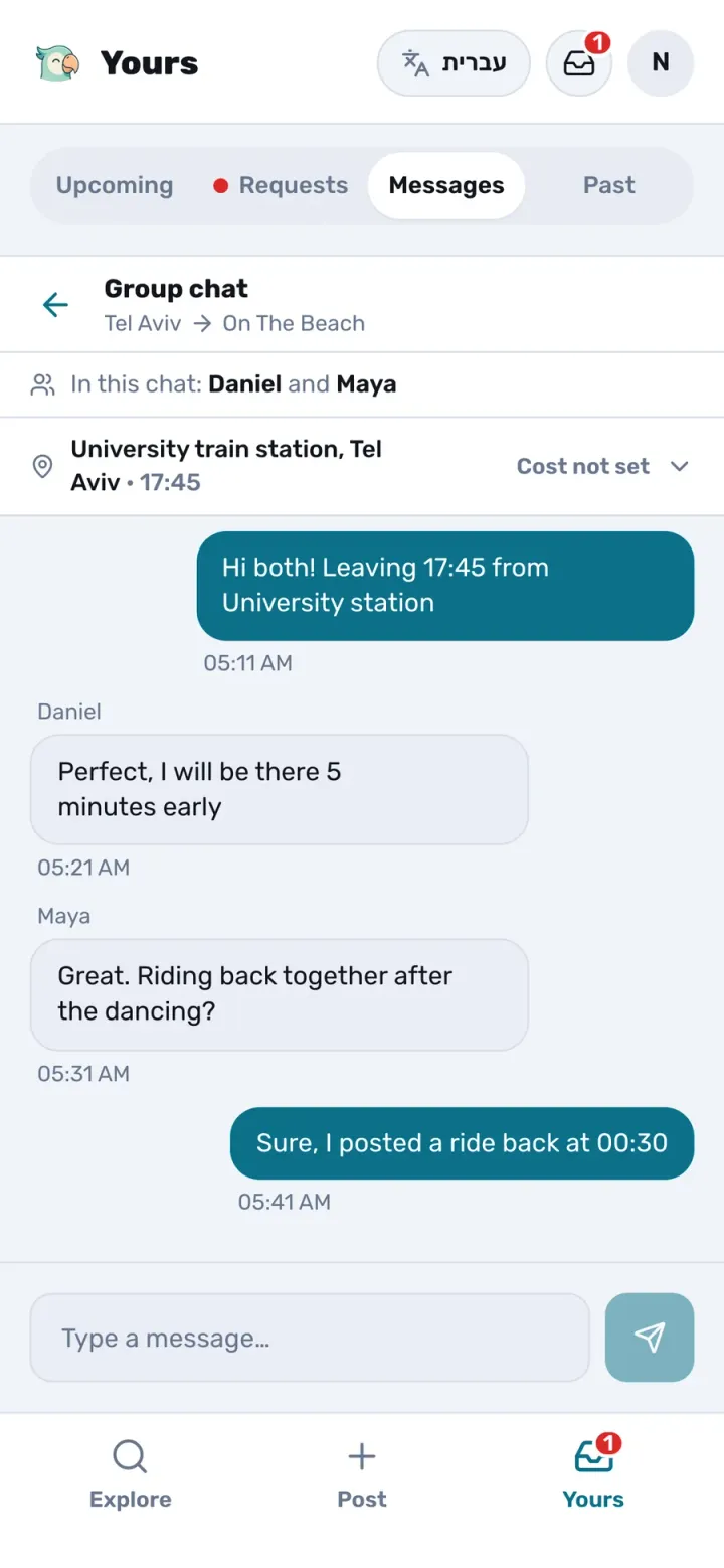 A driver gets a request to ride home at 00:30 and approves or declines it. Then the people in the car agree on a meeting point in a group chat, without sharing phone numbers. Demo data.