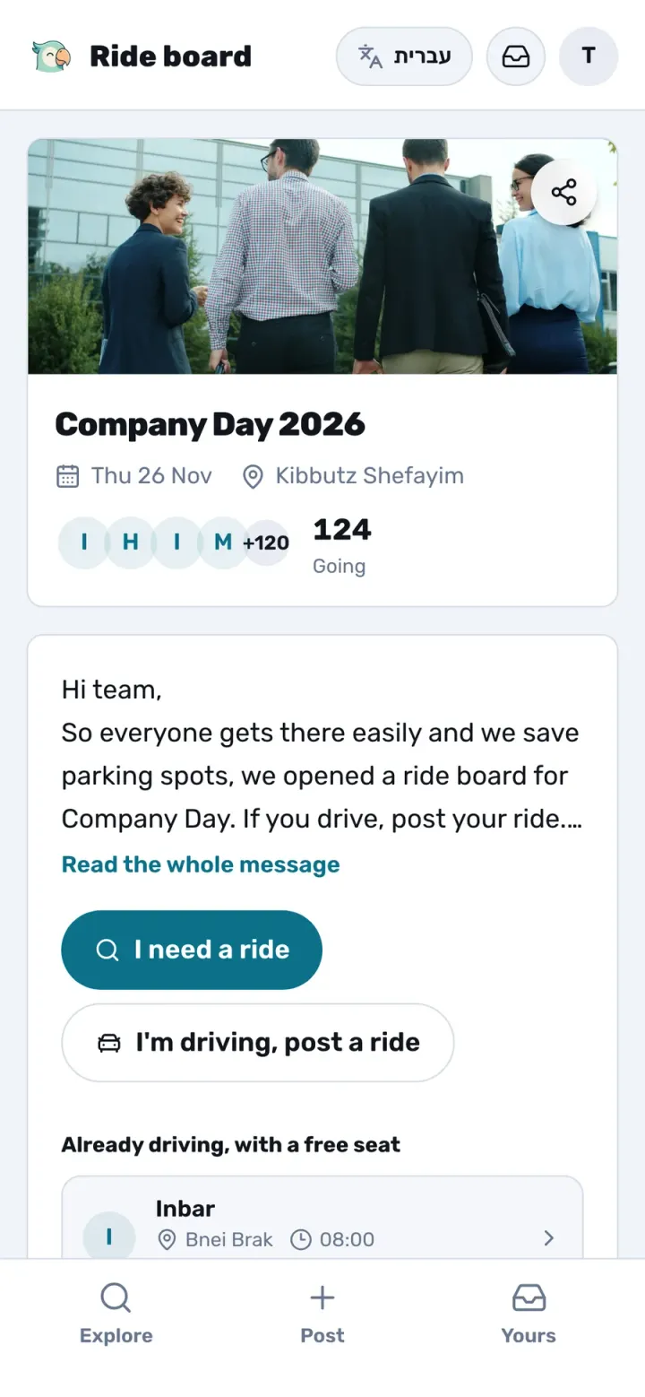 A private Company Day board: 124 employees going, a welcome from the company (demo)