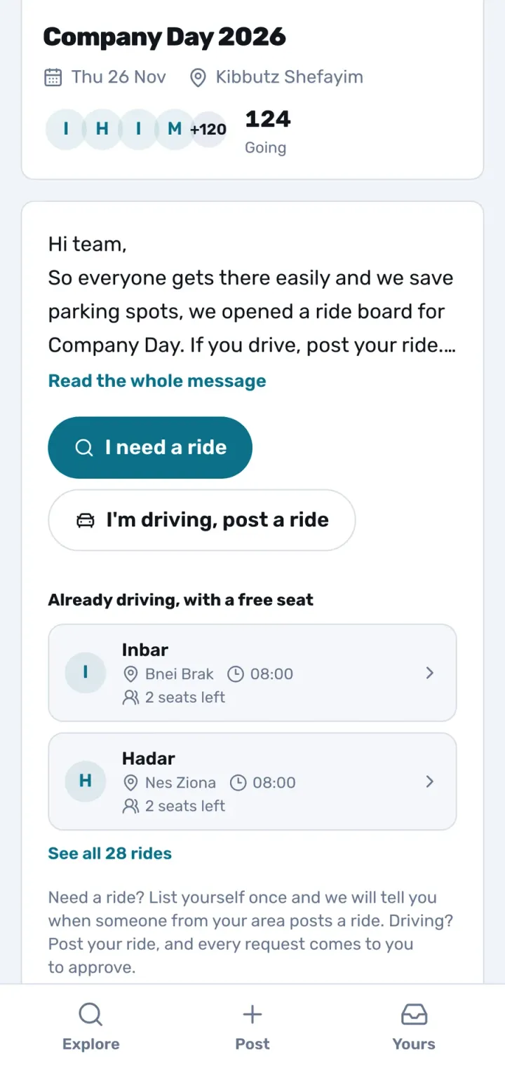 A private Company Day board: the company welcome, the 2 ways in, and colleagues already driving (demo)