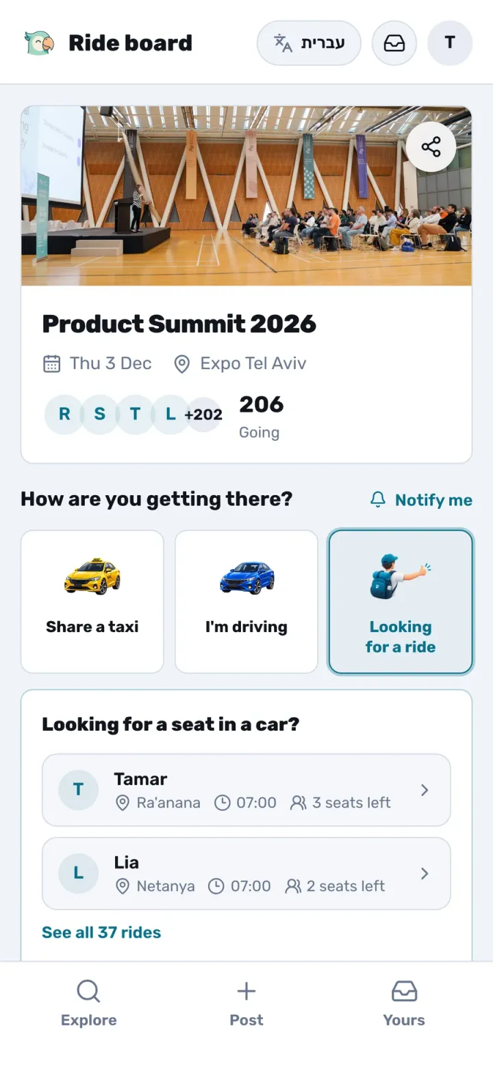 A conference board in PairMee: 206 attendees going, rides from 16 cities (demo)