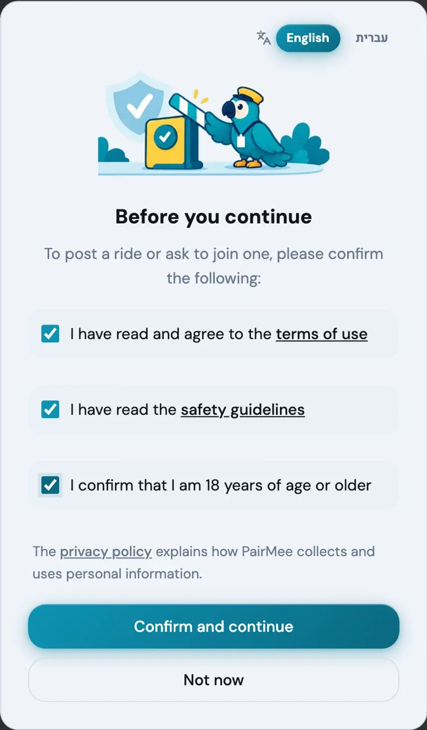 The PairMee consent screen in English, with three checkboxes ticked