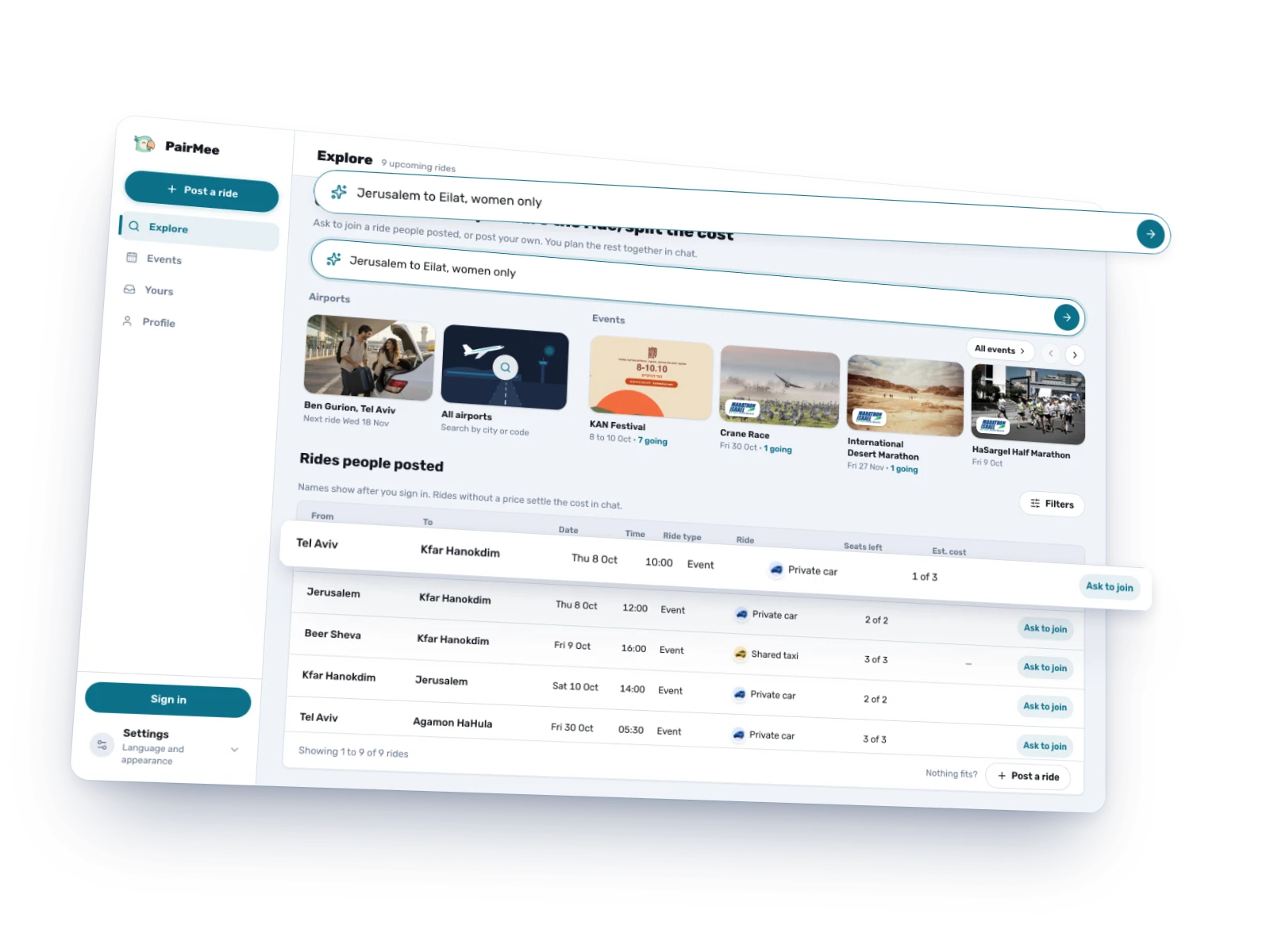 The PairMee web app, with partner events at the top of Explore
