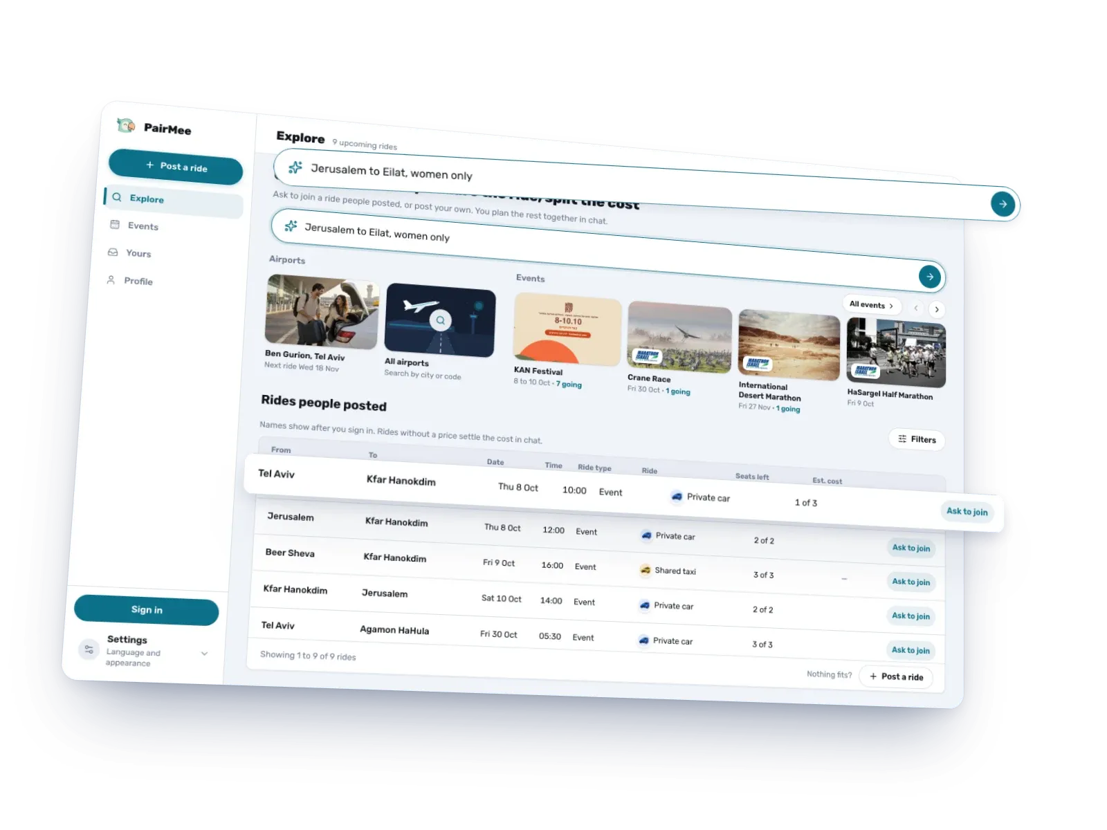 The PairMee web app floating over the page, with a ride from Ben Gurion lifting out of the screen