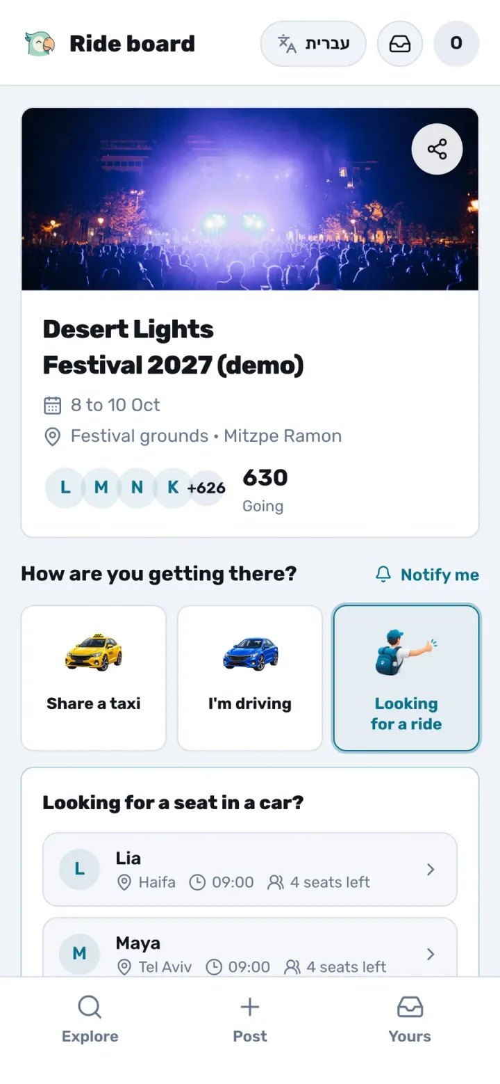 A ride board for a large 3-day desert festival, a demo: 630 people going