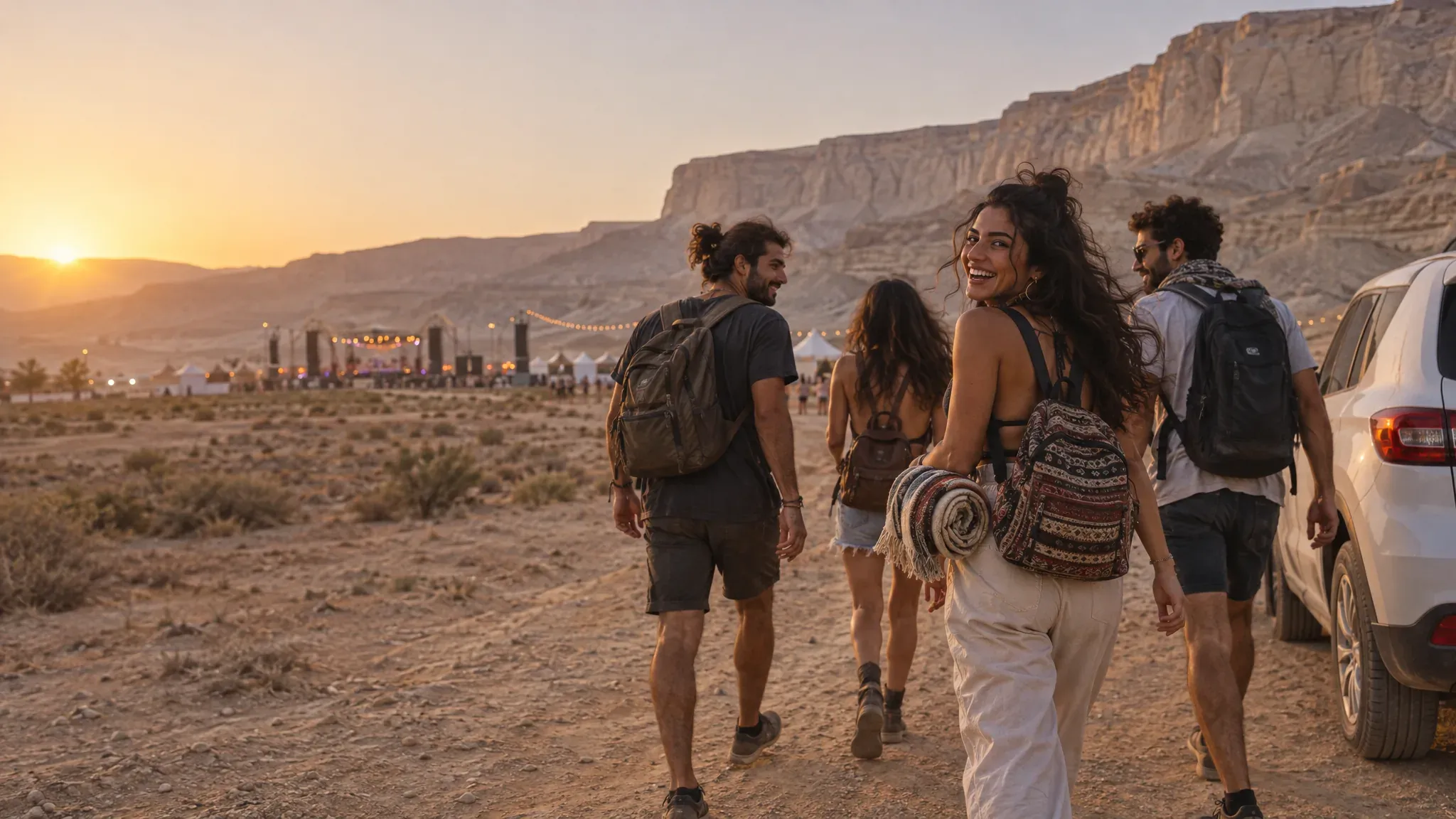 Four friends with backpacks walking from a parked car toward a desert music festival at dusk