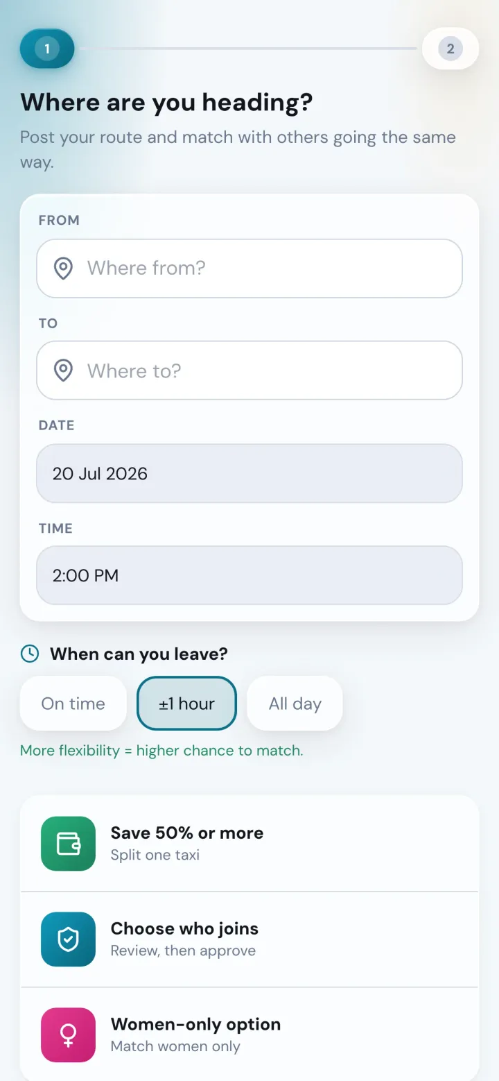 Posting a ride in the PairMee app: route, date, time, and the save 50% or more note