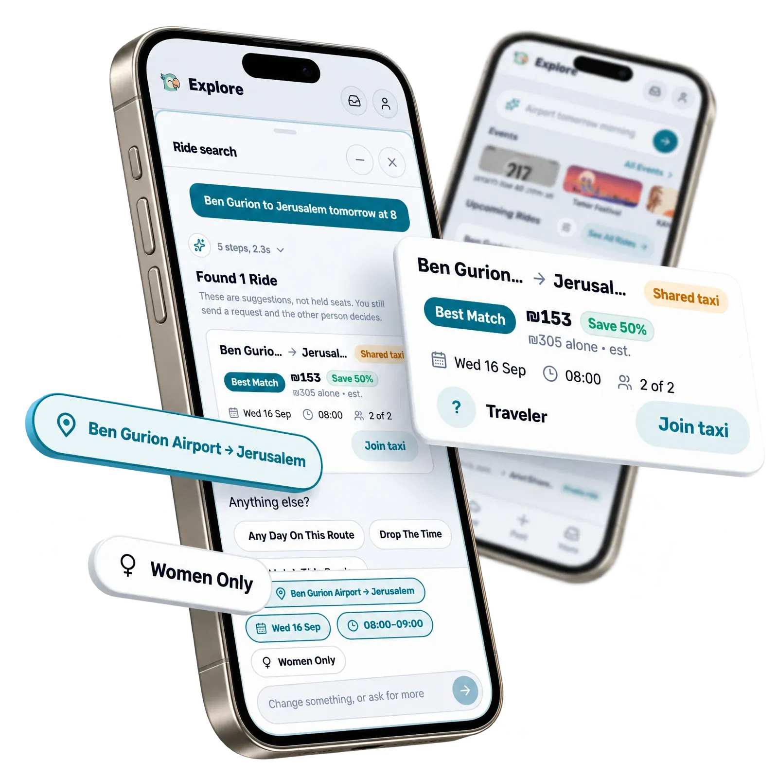 The PairMee app on a phone, with a matched shared taxi from Ben Gurion Airport to Jerusalem lifting out of the screen