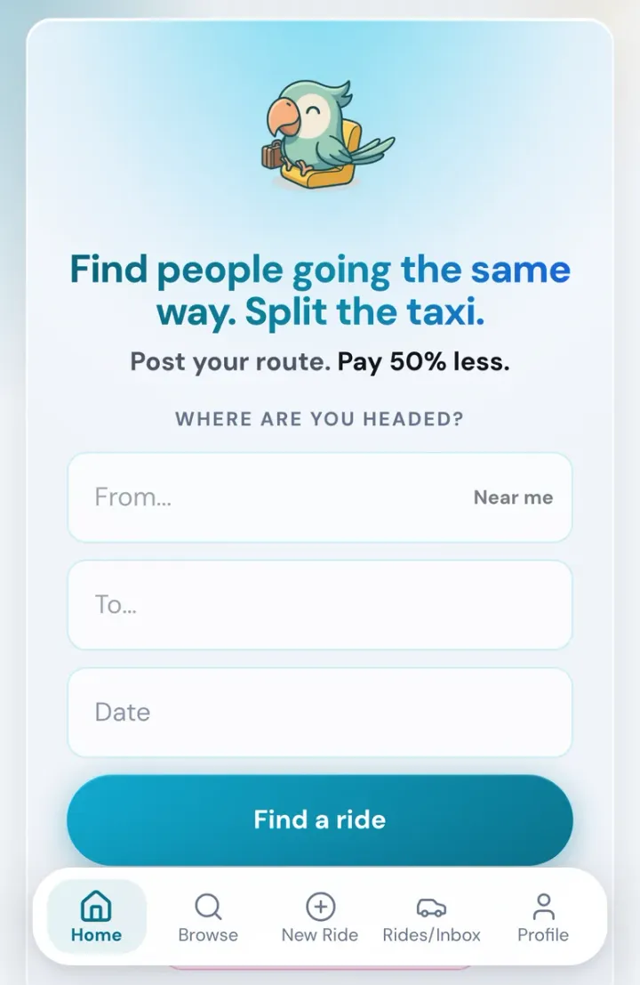 The PairMee search screen: from, to, and date