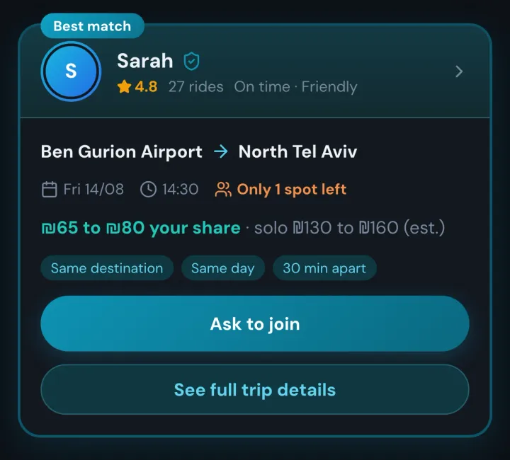 The same match in dark mode: route, time, seats left, and what each of you would pay