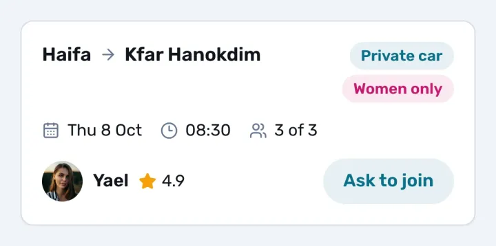 A PairMee ride card: Yael, Haifa to Kfar Hanokdim, women only, her rating, the seats left, and a button to ask to join