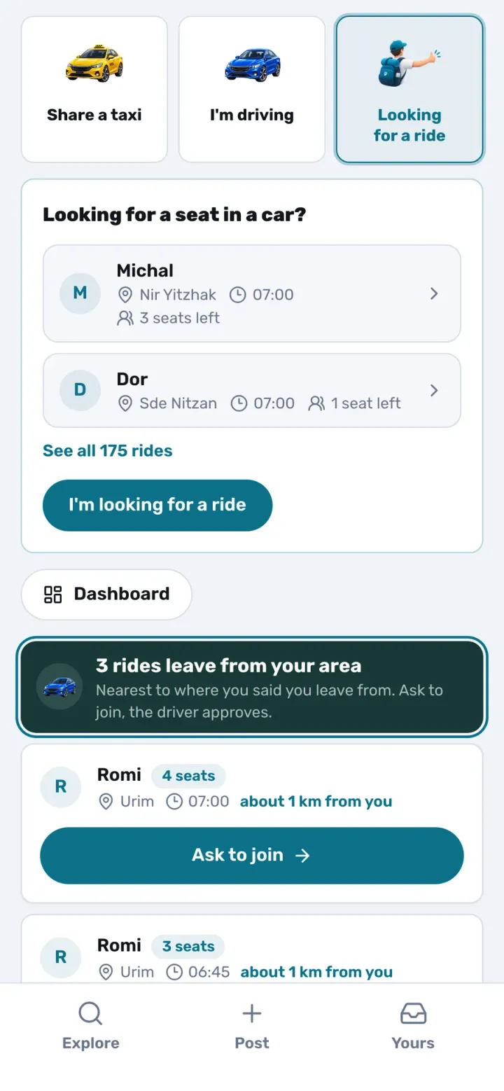A city festival board with demo data: rides from the reader's area first, then every driver with free seats.