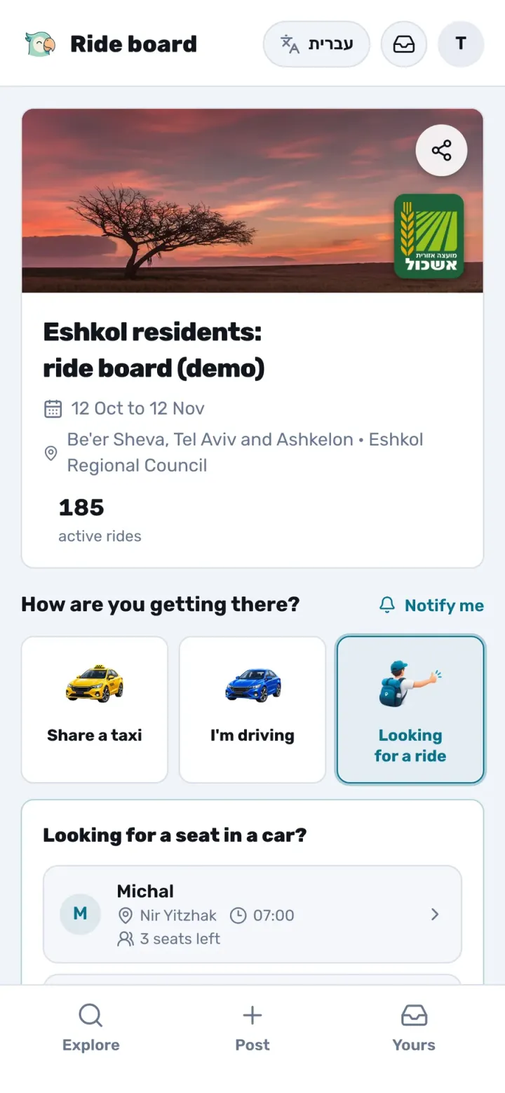 Eshkol residents' standing ride board in PairMee, a demo: 185 active rides to Be'er Sheva, Tel Aviv and Ashkelon
