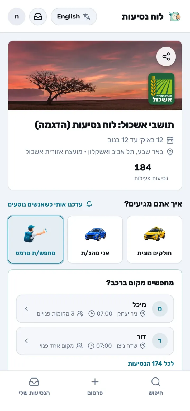 לוח הנסיעות הקבוע של תושבי אשכול ב-PairMee, הדגמה: 185 נסיעות פעילות לבאר שבע, לתל אביב ולאשקלון