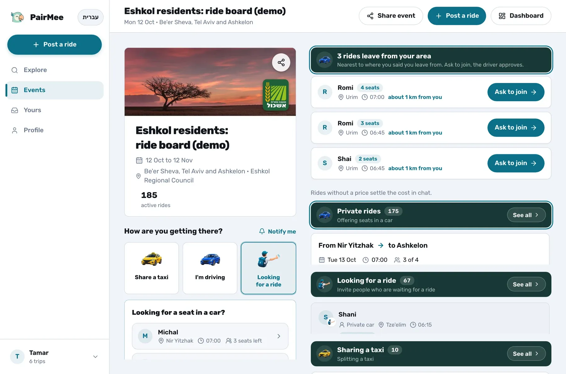 The council's ride board on a computer: the board beside the rides from your village (demo)