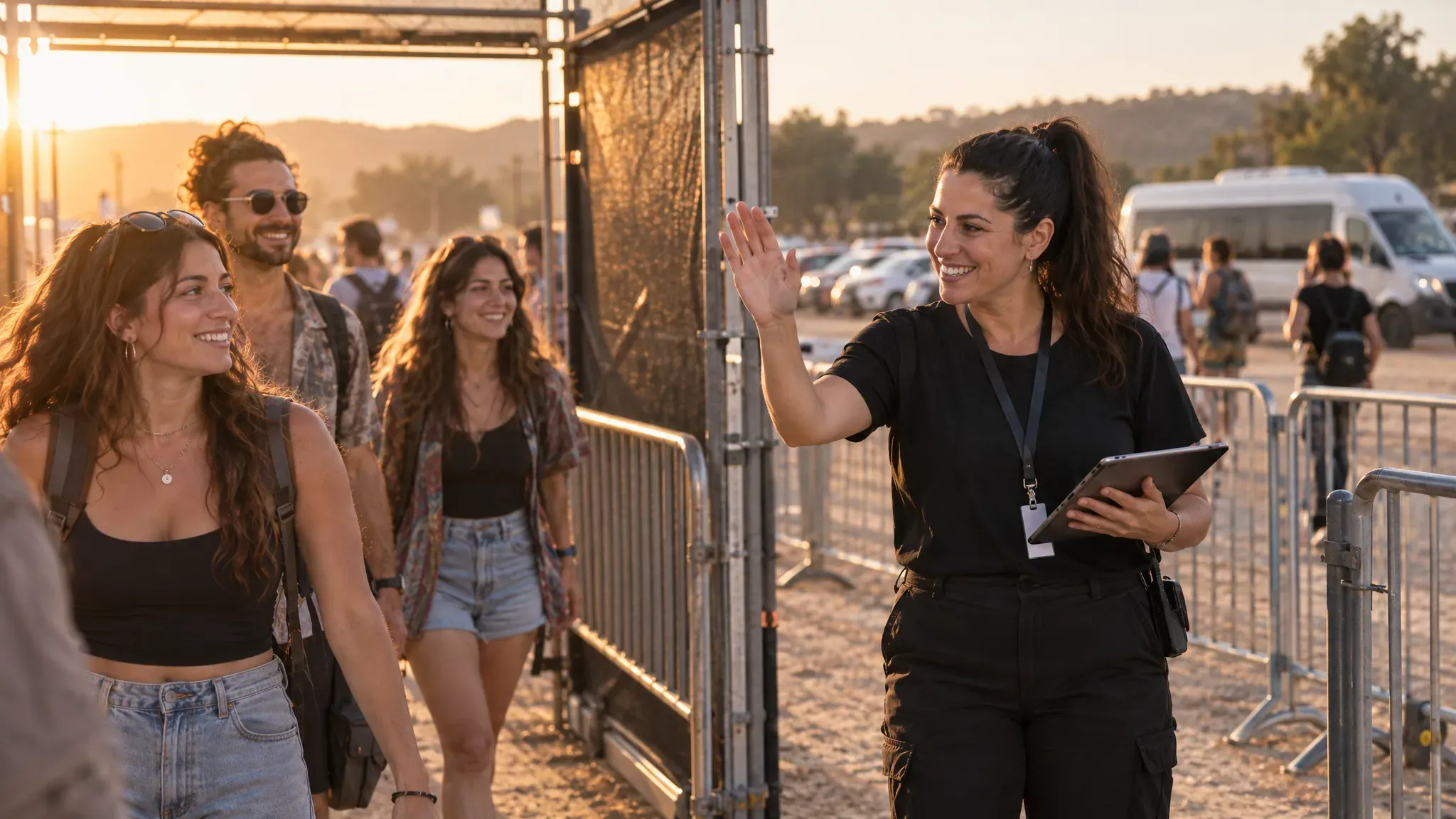 An organizer checking a tablet at the entrance to a festival, with the crowd arriving behind them