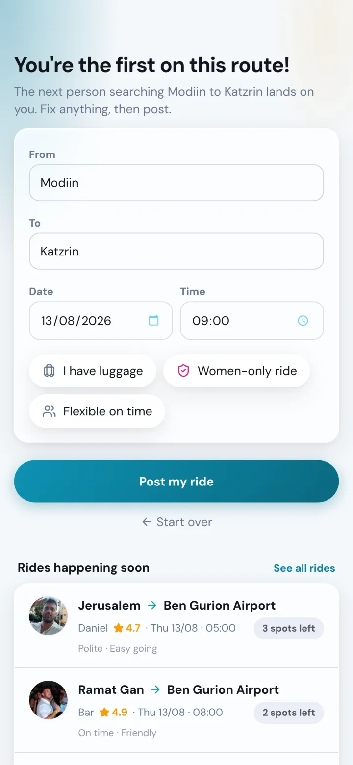 The PairMee post screen: the trip already filled in from the sentence, with luggage, women-only and flexible-time options, and one button to post it