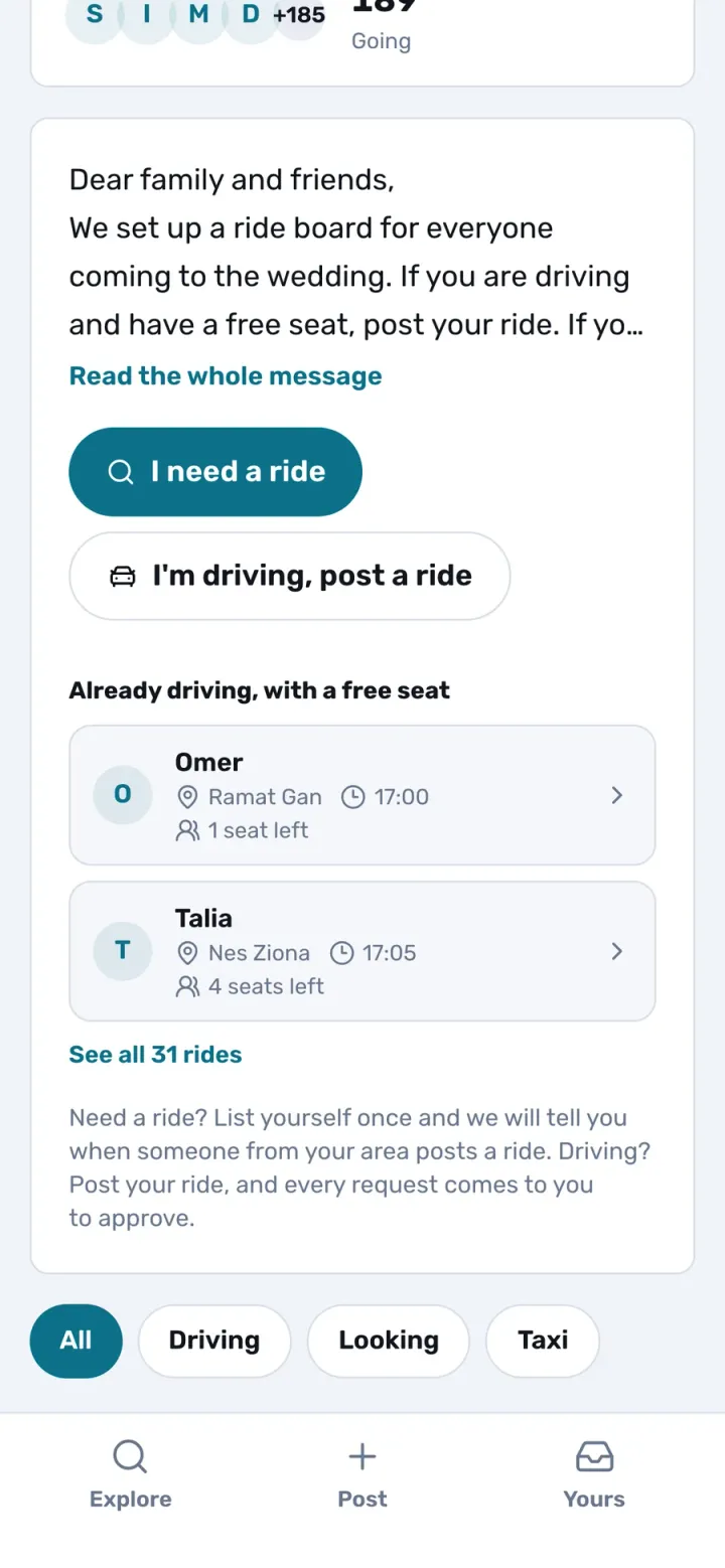 The hosts' welcome message and the 2 ways in: looking for a ride or driving (demo)