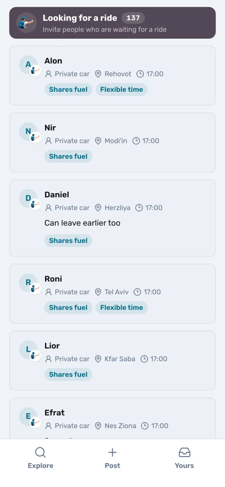Guests driving to the wedding, each with free seats and an Ask to join button (demo)