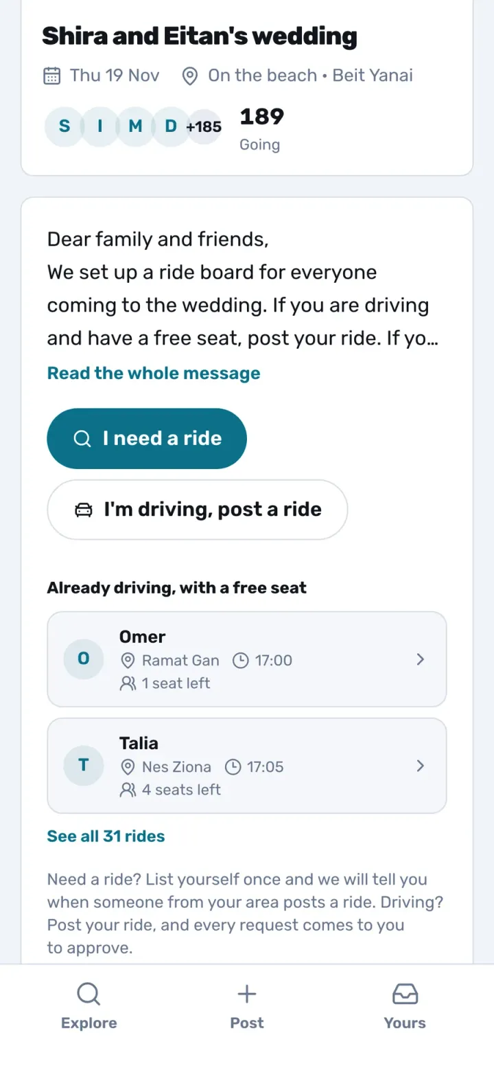 A private wedding board in PairMee: the hosts' welcome, the 2 ways in, and guests already driving with free seats (demo)