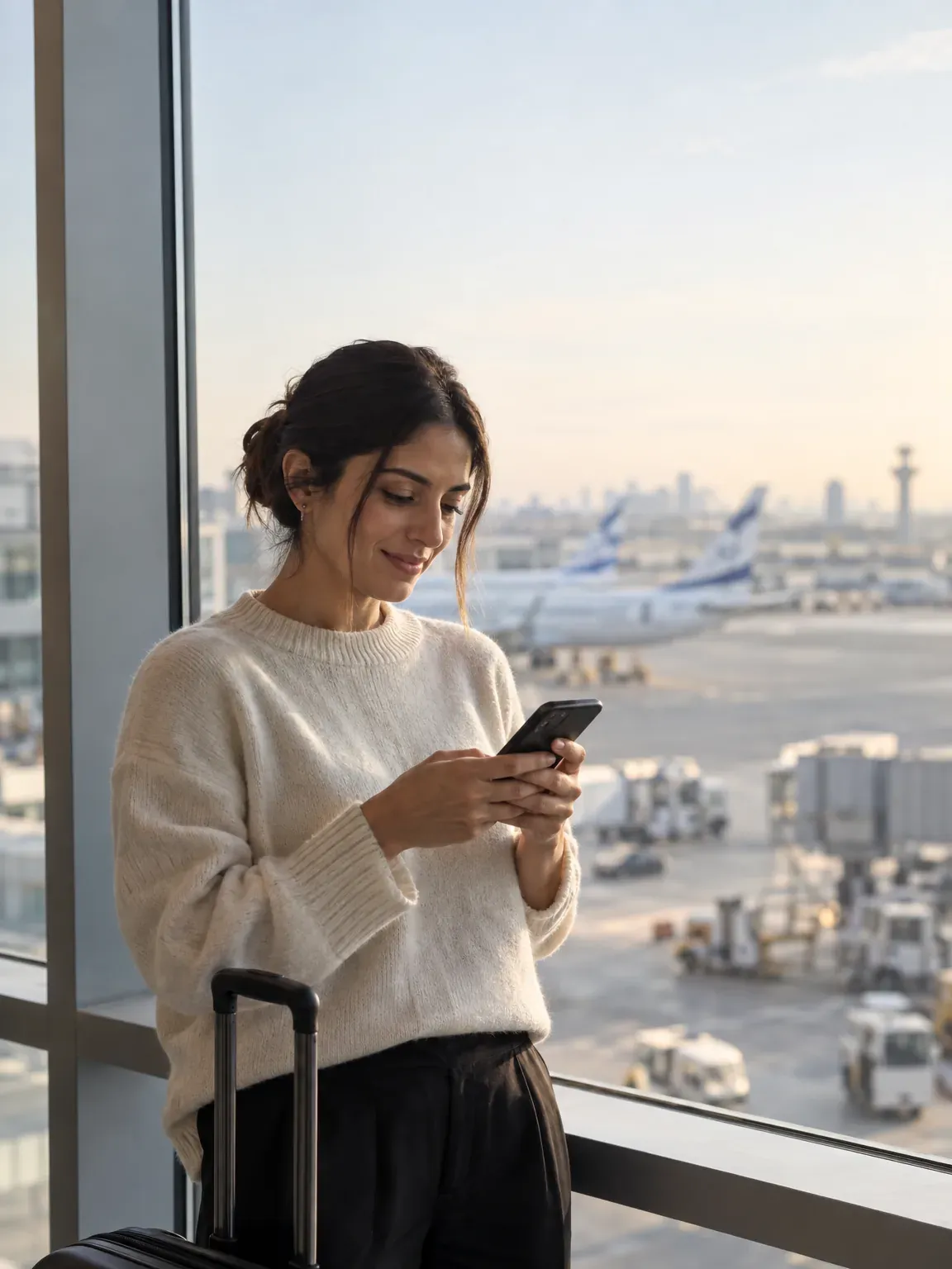 A woman with a carry-on suitcase checking her phone at an airport window in soft morning light